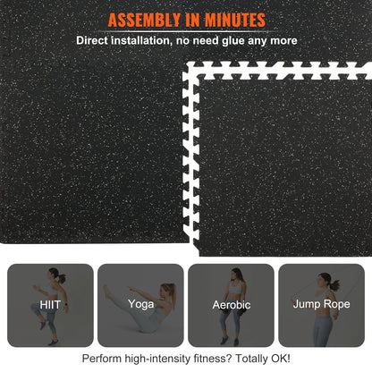 VEVOR 12 PCS 1/2 Inch Thick Gym Floor Mats, 24 X 24 EVA Foam & Rubber Top Interlocking Workout Floor Mats with 48 Sq.Ft Coverage, Waterproof Exercise Puzzle Flooring for Gym, Home, Garage, Basement, Black & Grey